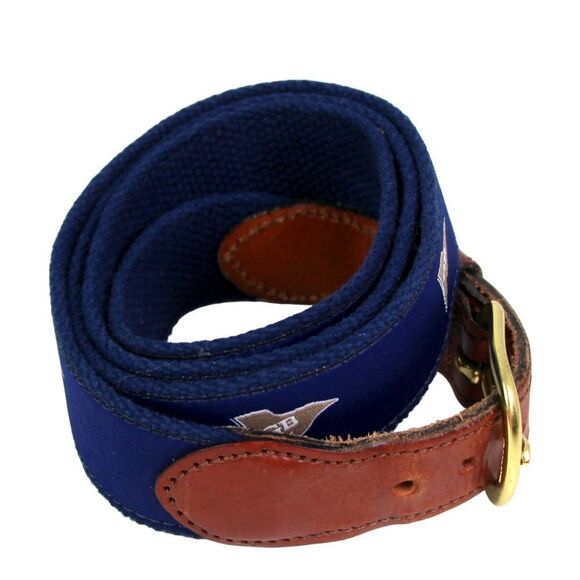 Leather Man BROWN REAL LEATHER BLUE CANVAS 1 1/4"Wd GOLF DRESS MEN BELT 44 (A89 - Picture 5 of 12